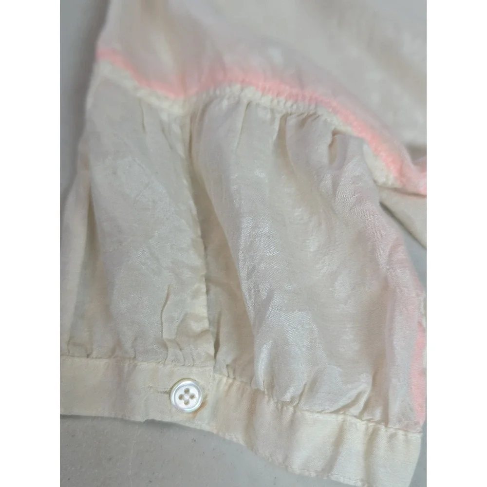 J. Crew Ivory Silk Cotton Babydoll Blouse Pink Trim Puff Sleeve Sz 0